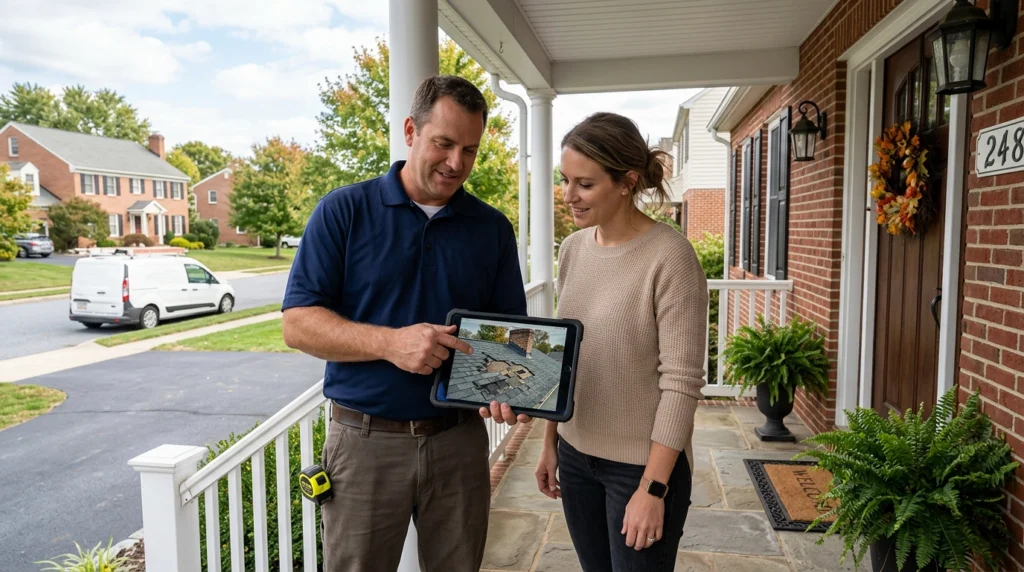 A professional contractor in a work shirt and a female homeowner are standing on a suburban front porch they are looking together at an iPad screen which displays a clear photo of roof damage the contractor is gesturing to the screen