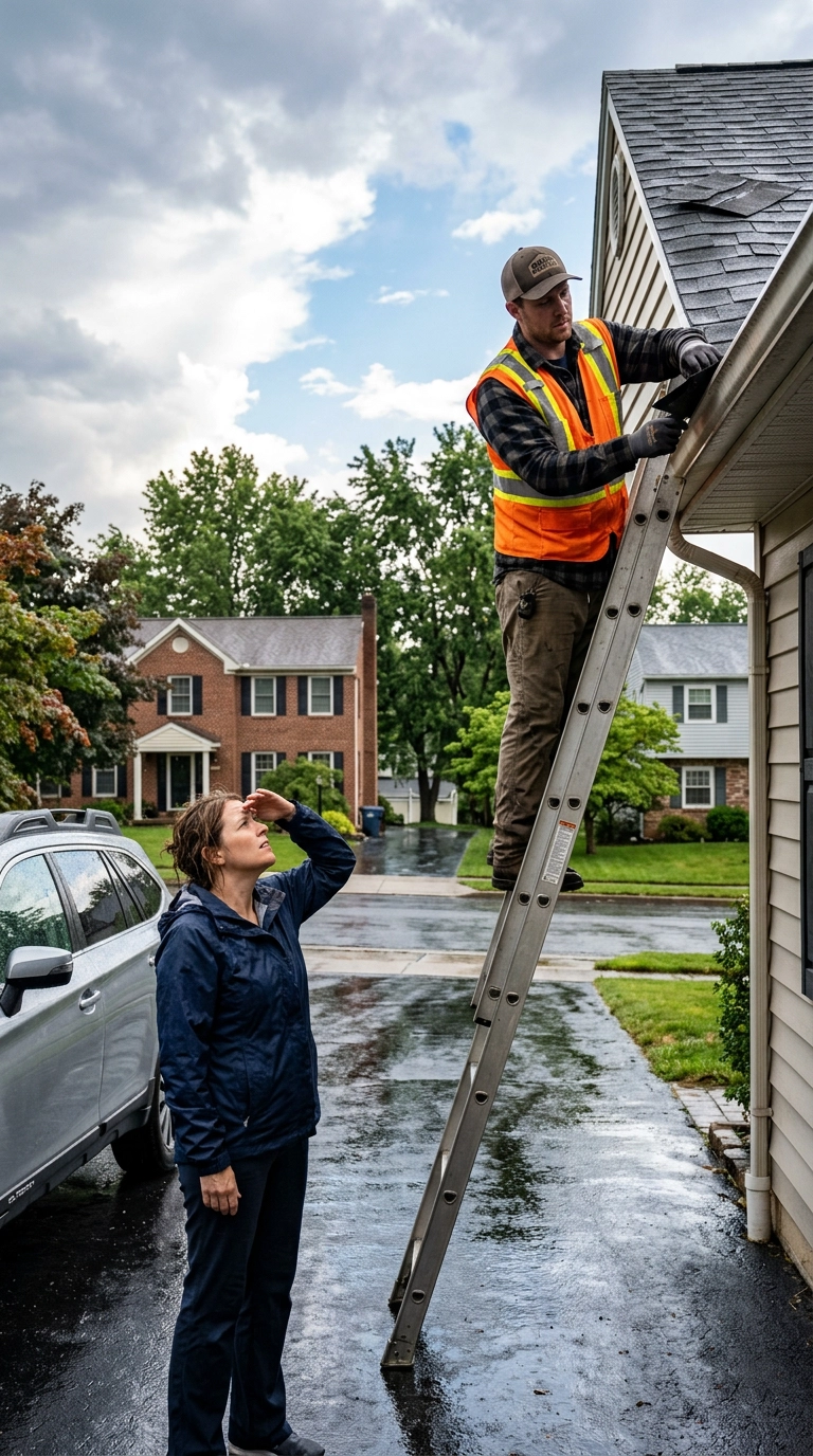 A professional roofing contractor is positioned near the eave of the storm damaged roof on a sturdy extension ladder