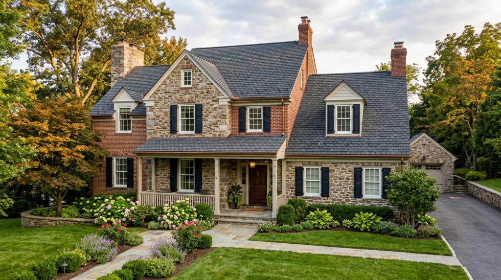 A beautiful exterior photograph of a traditional Southeastern Pennsylvania home with a brick and stone facade the home features a stunning recently installed architectural shingle roof that is dark gray and highly textured