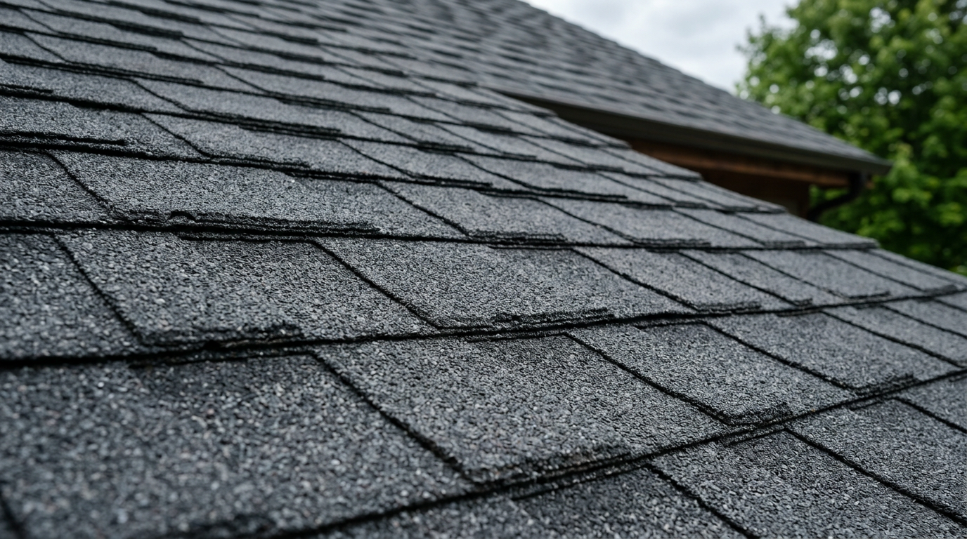 rich texture of a new architectural laminated asphalt shingle roof dark gray color