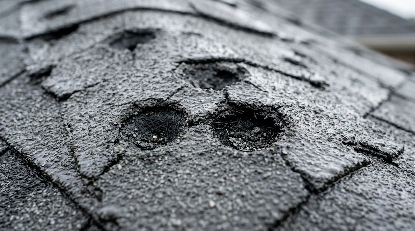 Detailed macro photo of gray asphalt shingles showing severe hail damage