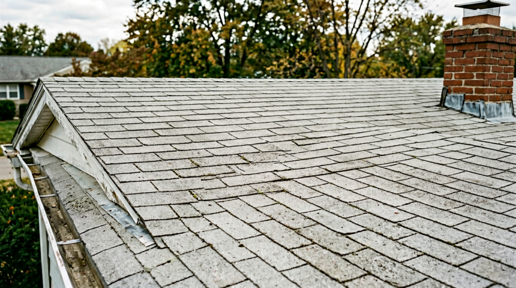 Exterior photograph looking across a weathered flat three-tab asphalt shingle roof The shingles are light gray and installed in perfectly straight uniform lines
