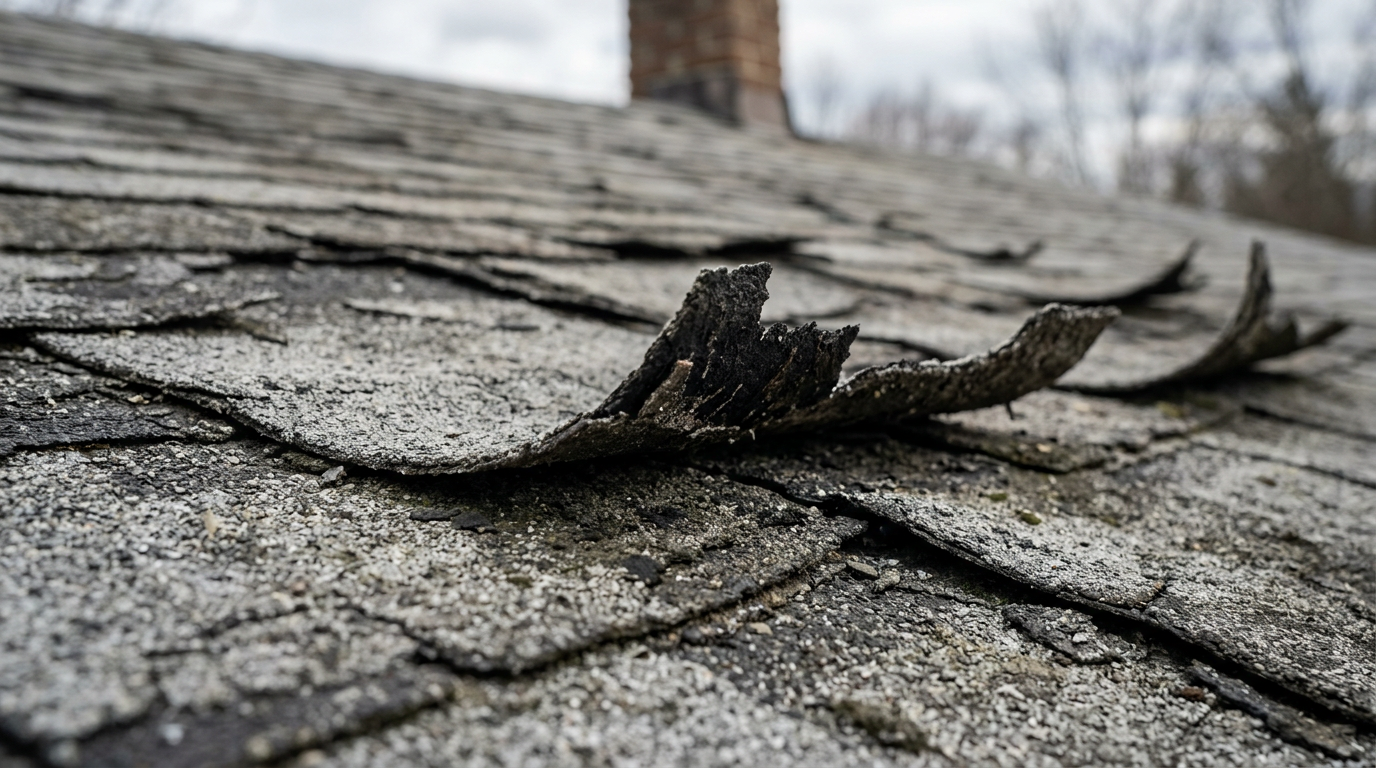 close-up of severely aged gray asphalt shingles on a roof brittle edges curling and clawing upward texture of advanced granule loss exposing black undertones