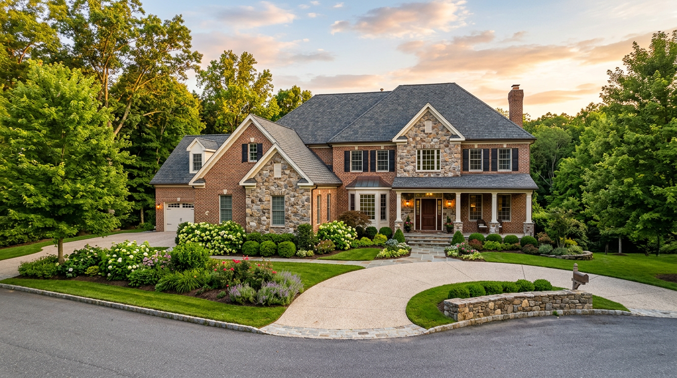 wide-angle exterior view of a stunning recently updated home in southeastern Pennsylvania the home features a traditional brick and stone facade with a high-texture dimensional architectural shingle roof in dark gray