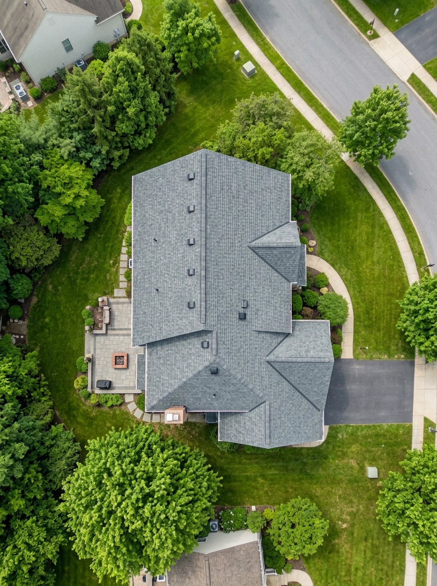 a beautifully completed residential roof replacement on a traditional two-story home in a tree-lined Berks County suburb