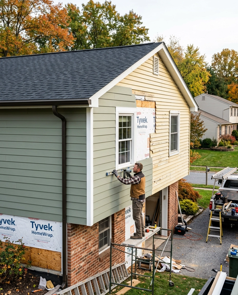 a home is undergoing an exterior refresh with an updated architectural shingle roof visible at the top