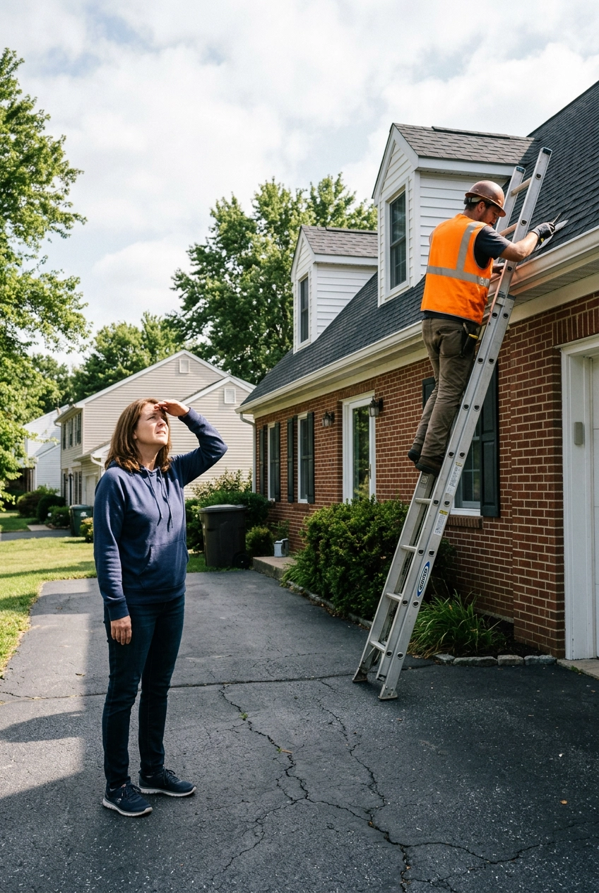 a homeowner standing in their driveway in a Berks County suburb looking up toward their roofline