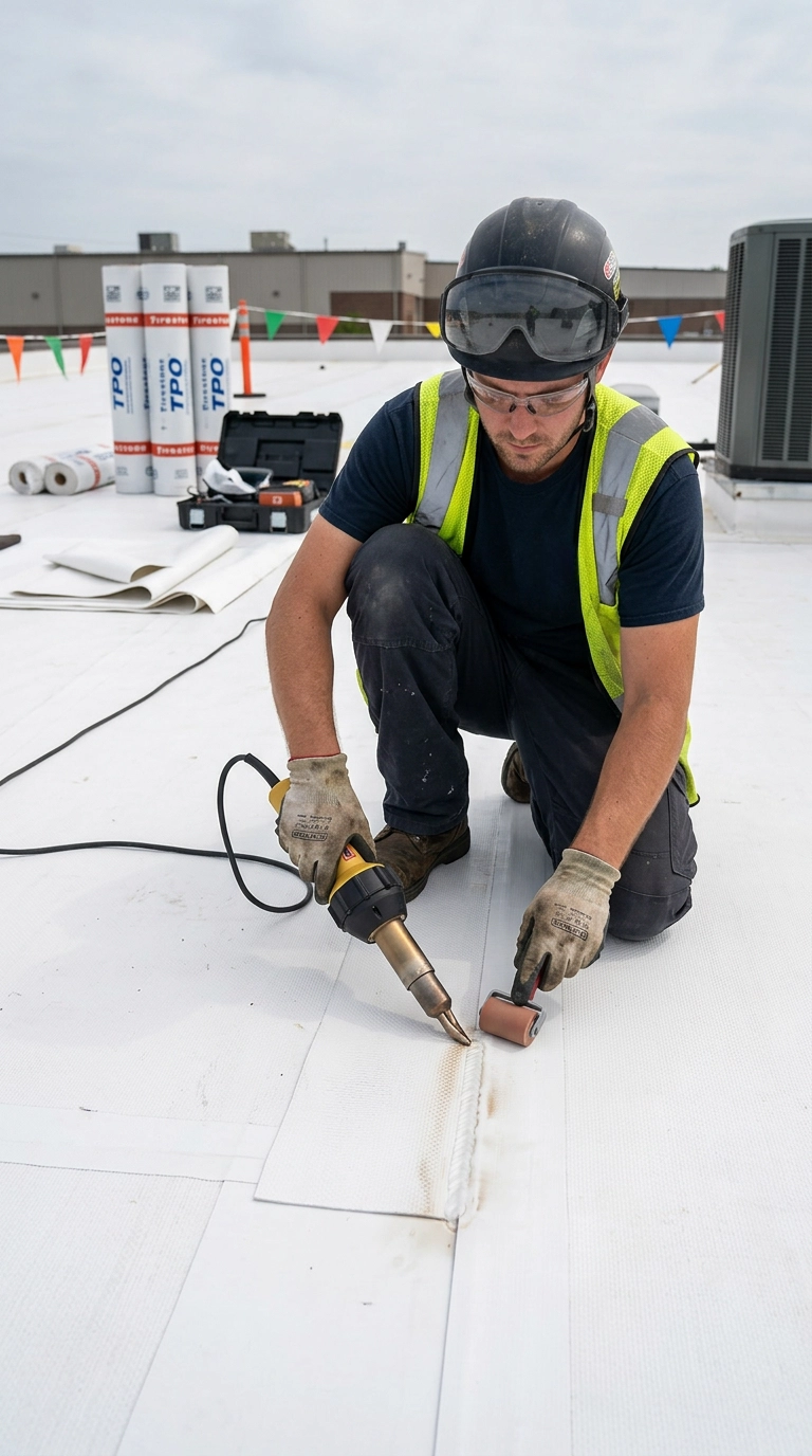 a professional commercial roofing specialist actively welding a seam on a clean white TPO single-ply commercial roof membrane