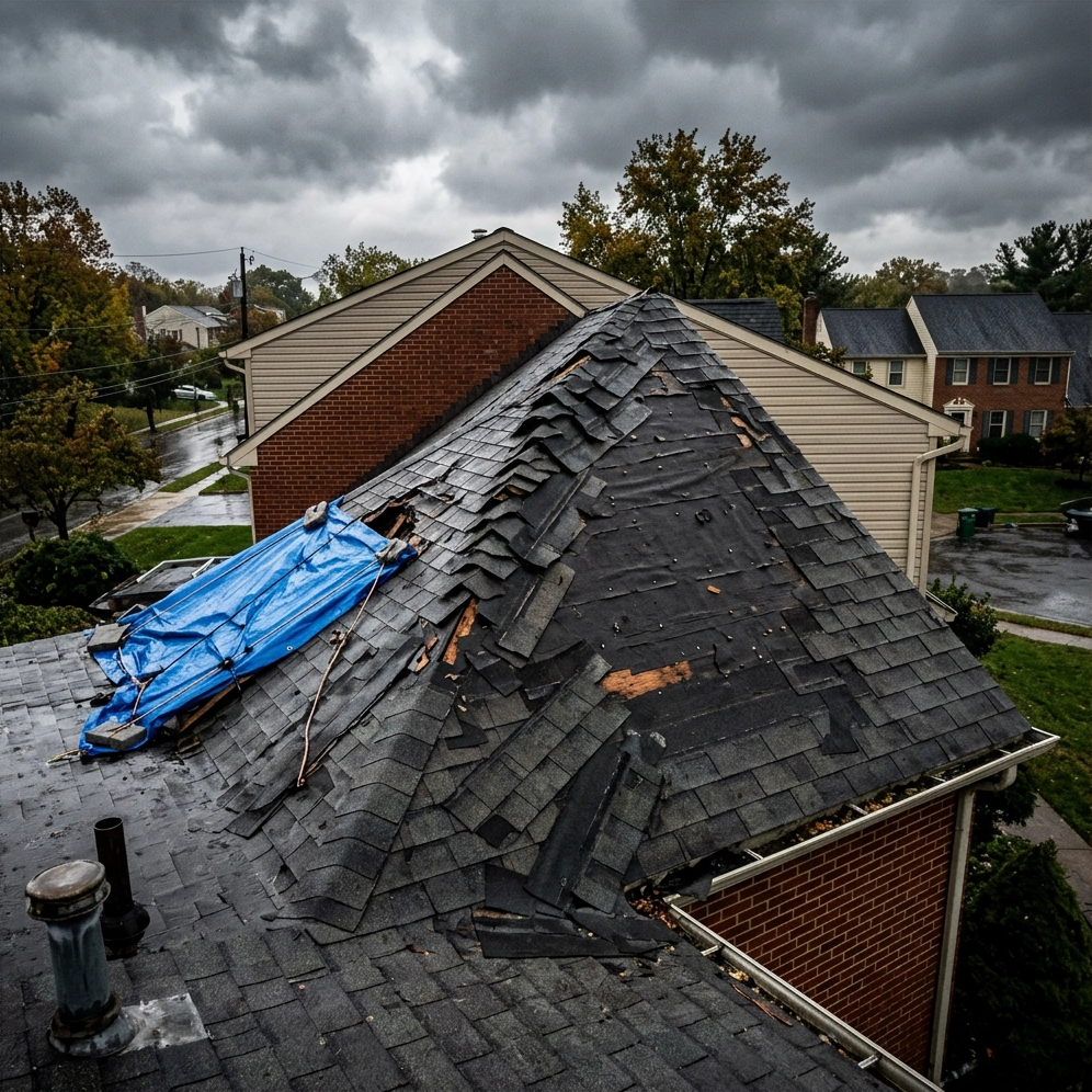 a residential asphalt shingle roof in a southeastern Pennsylvania neighborhood immediately after a severe storm