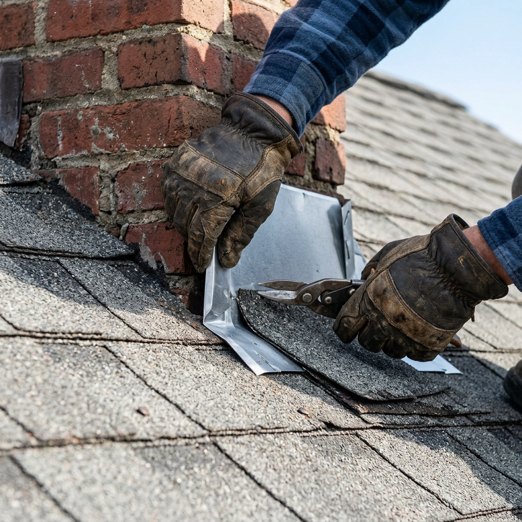 a roofing technicians hands wearing thick work gloves actively repairing a complex area of a roof