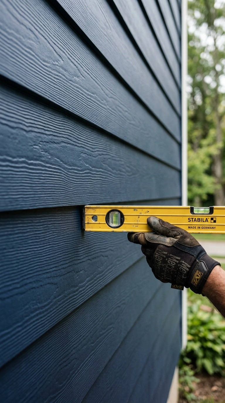 a section of deep navy blue fiber cement lap siding on a residential home