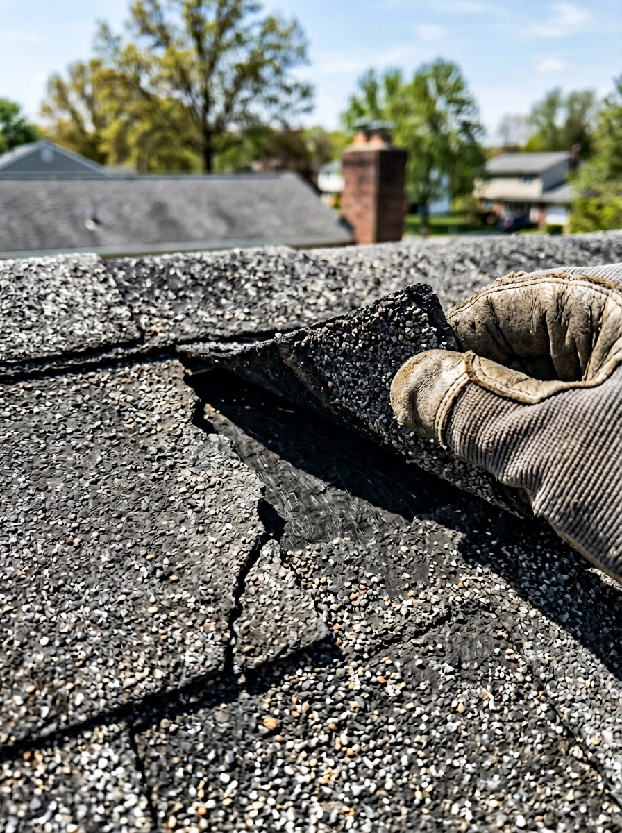 a single shingle that is cracked and missing a corner with a gloved hand gently lifting the edge to inspect the dark underlayment beneath