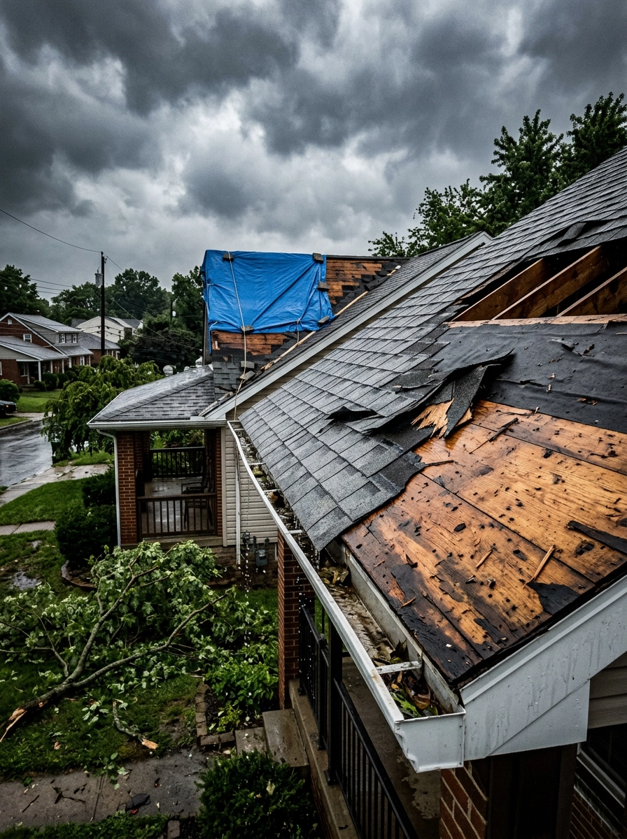 a suburban Pennsylvania residential roof immediately following a major storm