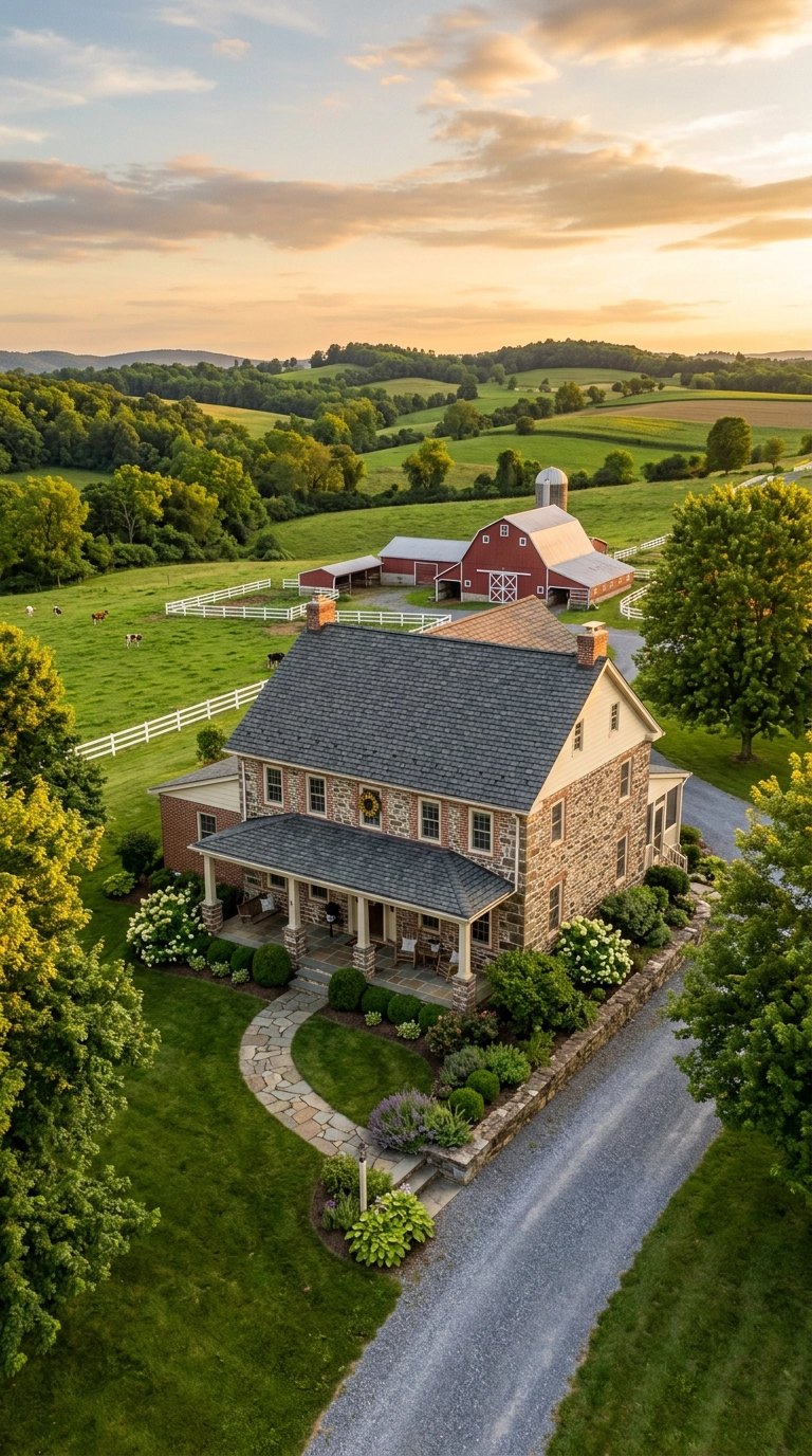 a traditional Berks County farmstead with fieldstone and red brick accents set among rolling green hills in eastern Pennsylvania copy