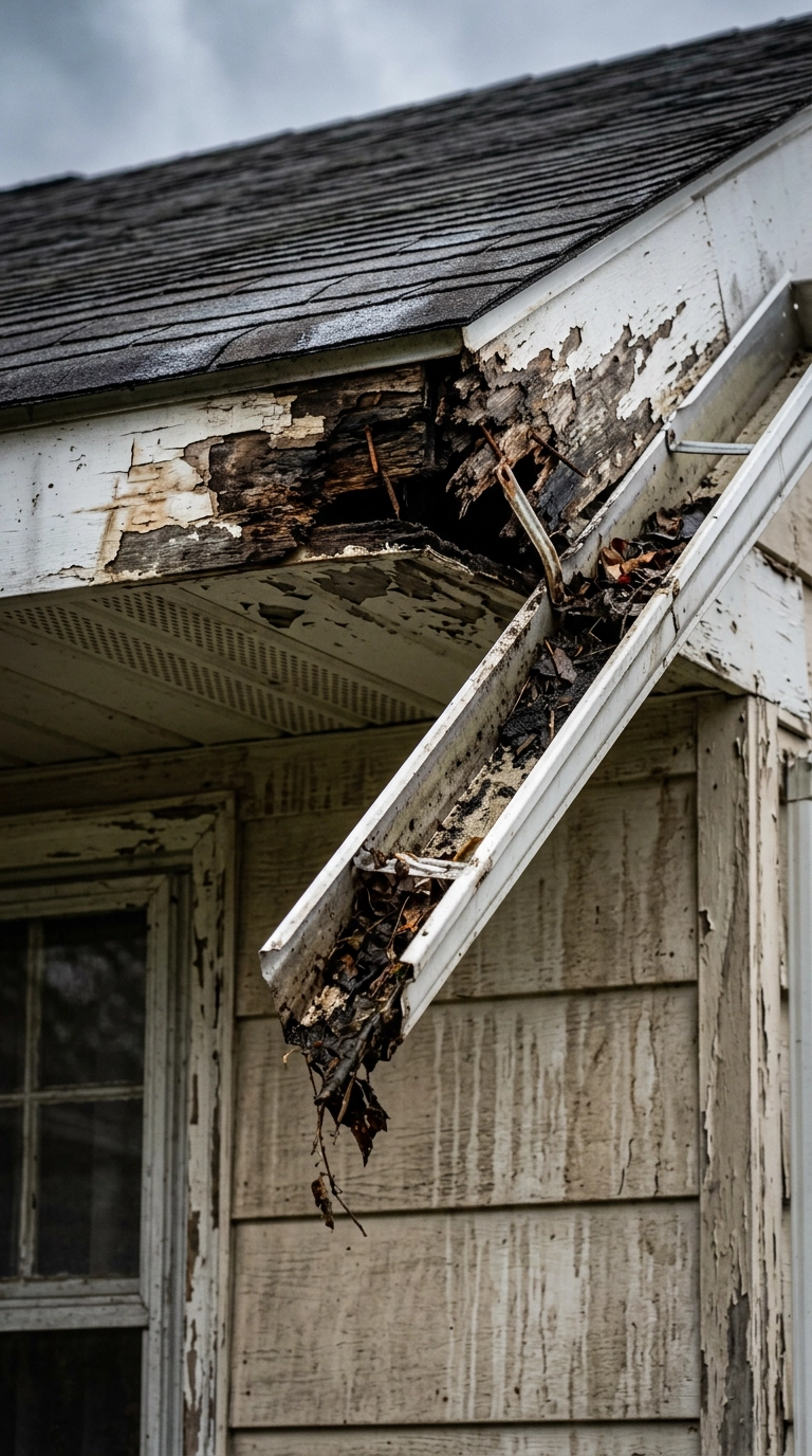 a weathered section of a residential roof overhang on an older Berks County home
