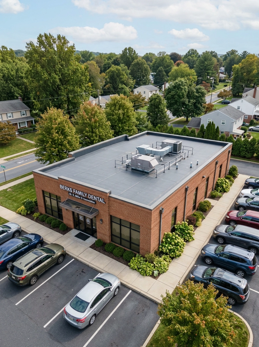 a well-maintained small single-story commercial office building in a Berks County suburb