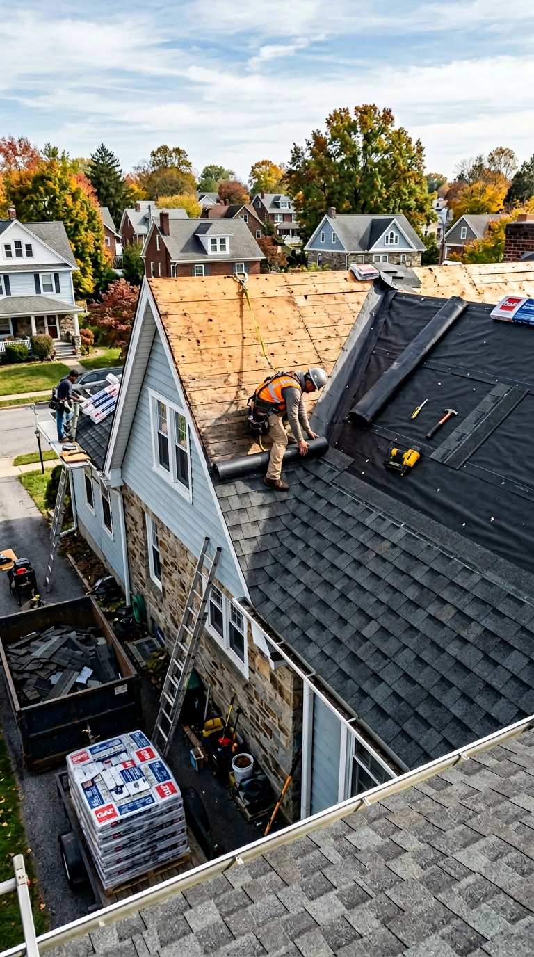 an active residential roof replacement on a classic Pennsylvania home