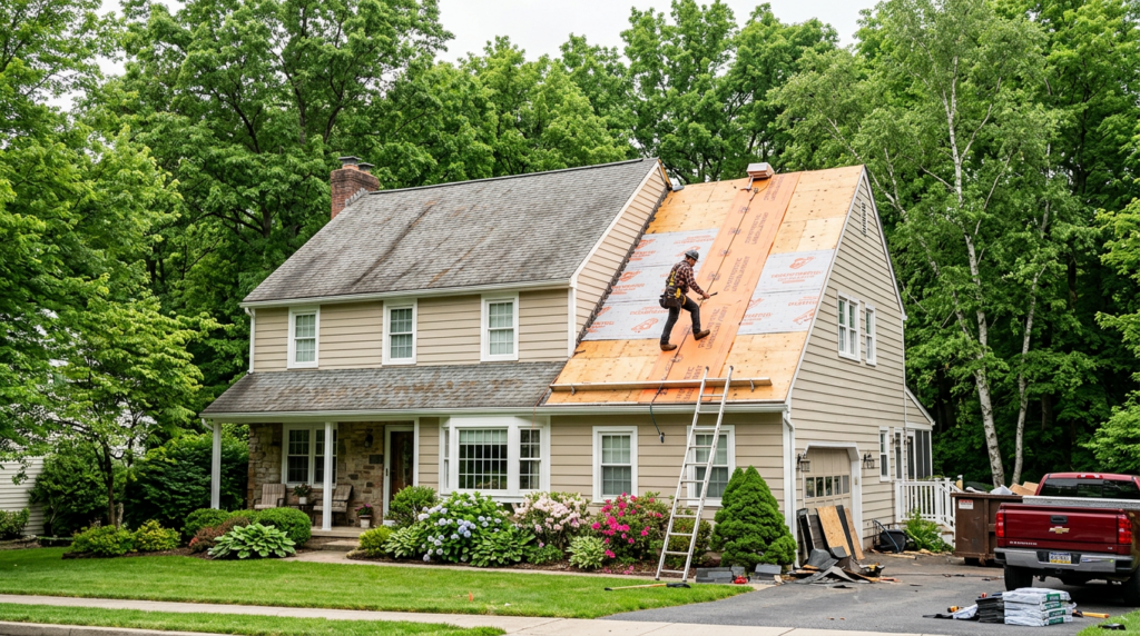 exterior photo of a classic Pennsylvania suburban house during an active roof replacement half of the steep roof shows weathered gray shingles the other half is bare plywood decking with synthetic underlayment visible contractor in work boots is walking on the bare decking.
