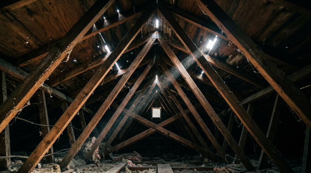 Interior view looking up into a dark, dusty residential attic rafters and plywood decking are visible bright narrow beams and pinpricks of natural daylight are piercing through small gaps in the roof sheathing