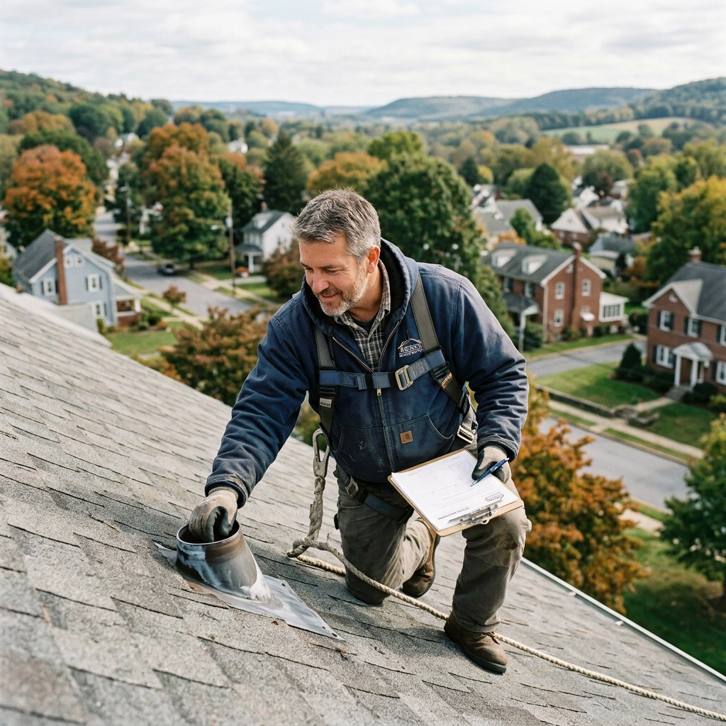 photograph capturing Richard a trustworthy roofing contractor standing on a steep residential roof in the Birdsboro PA area