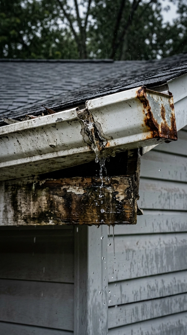 photograph of an old white sectional gutter system on a residential home during a light rain