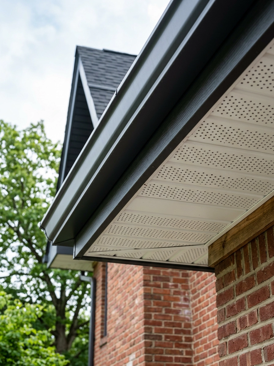 residential roof overhang on a classic Pennsylvania home looking toward the soffit panels which are clean white vinyl with visible perforations