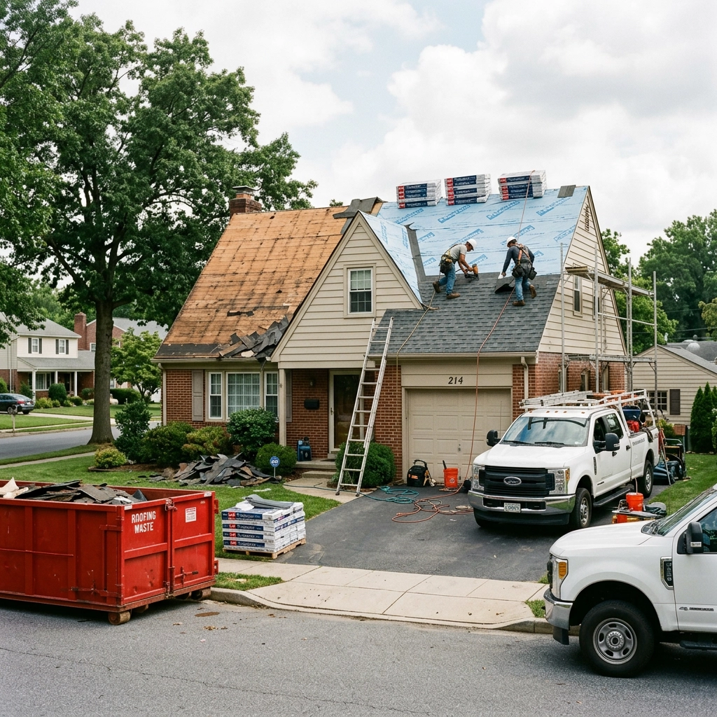 street-level curb view of a classic Pennsylvania suburban house during an active roof replacement copy