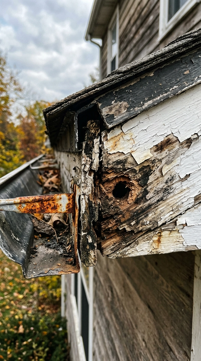 the corner of a residential roof overhang on an older home in Southeastern Pennsylvania with severely deteriorated wood soffit panels