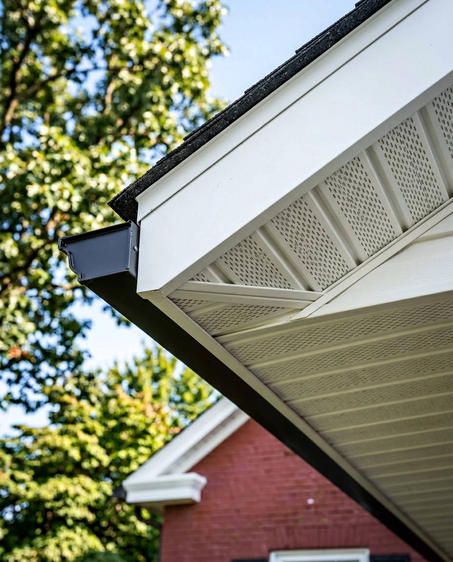 the corner of a residential roof overhang on an older well-maintained home in Berks County