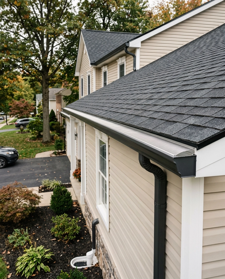 the roofline and front facade of a recently updated suburban home in Pennsylvania